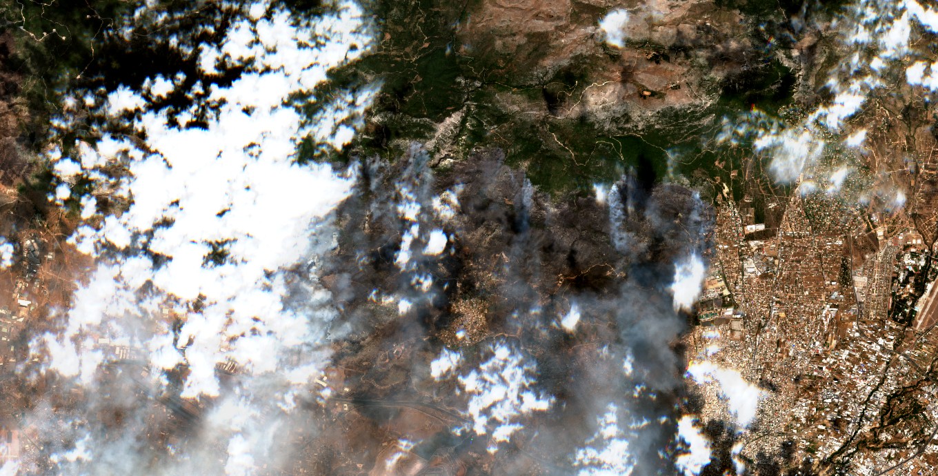 Sentinel-2 false-color composite of Fyli, Athens in Greece. Before and after of the August wildfires. It contains modified Copernicus data. Processed by Sentinel Hub, acquired on 2023–08–23 and 2023–08–28.