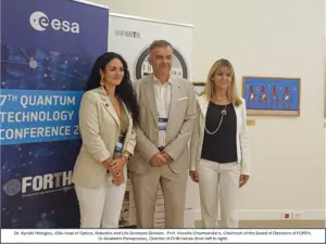 Kyriaki Minoglou, Vassilis Charmandaris and Katerina Panopoulou at ESA's 7th Quantum Technology Conference in Crete