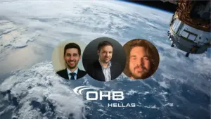 AFIC conference visual: three speaker portraits over Earth with the OHB Hellas logo
