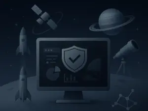Illustration of software verification: a screen with a shield and check mark among rockets and a planet