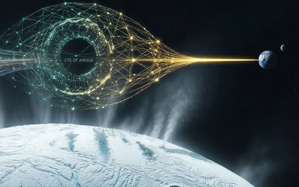 Illustration of the 'Eye of AIRGUS': a neural network above the icy surface of Enceladus compresses science data into one beam sent to Earth