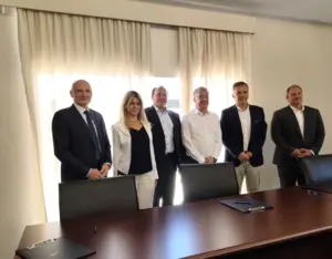 Delegation at the OHB–FORTH MoU signing at FORTH in Heraklion, with the German Ambassador and the Regional Governor of Crete